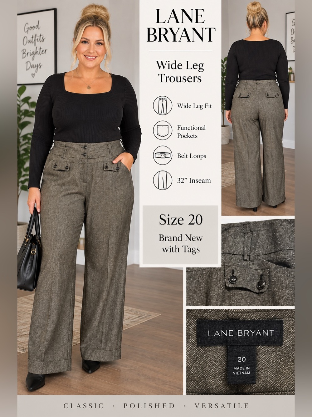 Lane Bryant Wide Leg Tweed Trousers Gray Brown Size 20 32” Inseam NWT